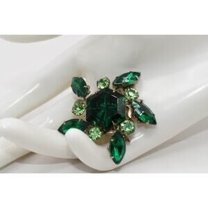 Vintage Green Rhinestone Brooch Uranium Glass Floral 1950s Pin